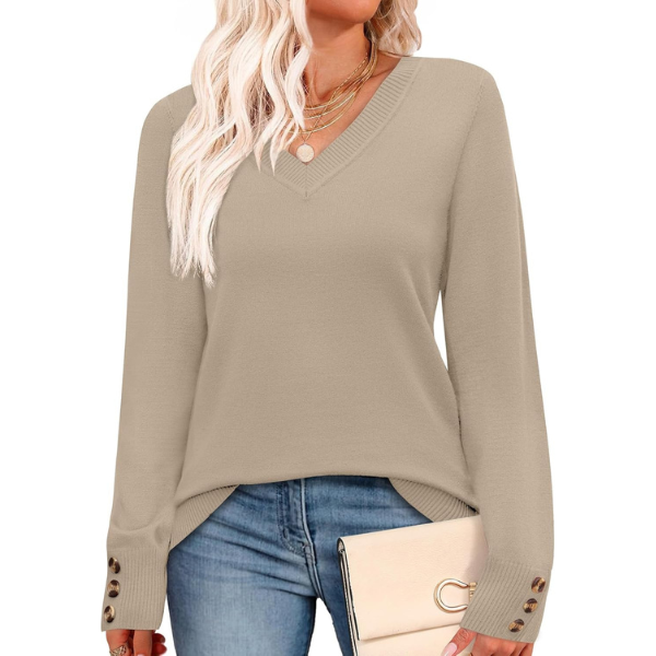 ightweight Sweaters for Women Long Sleeve V Neck Knit Outfits with Decorative Buttons 