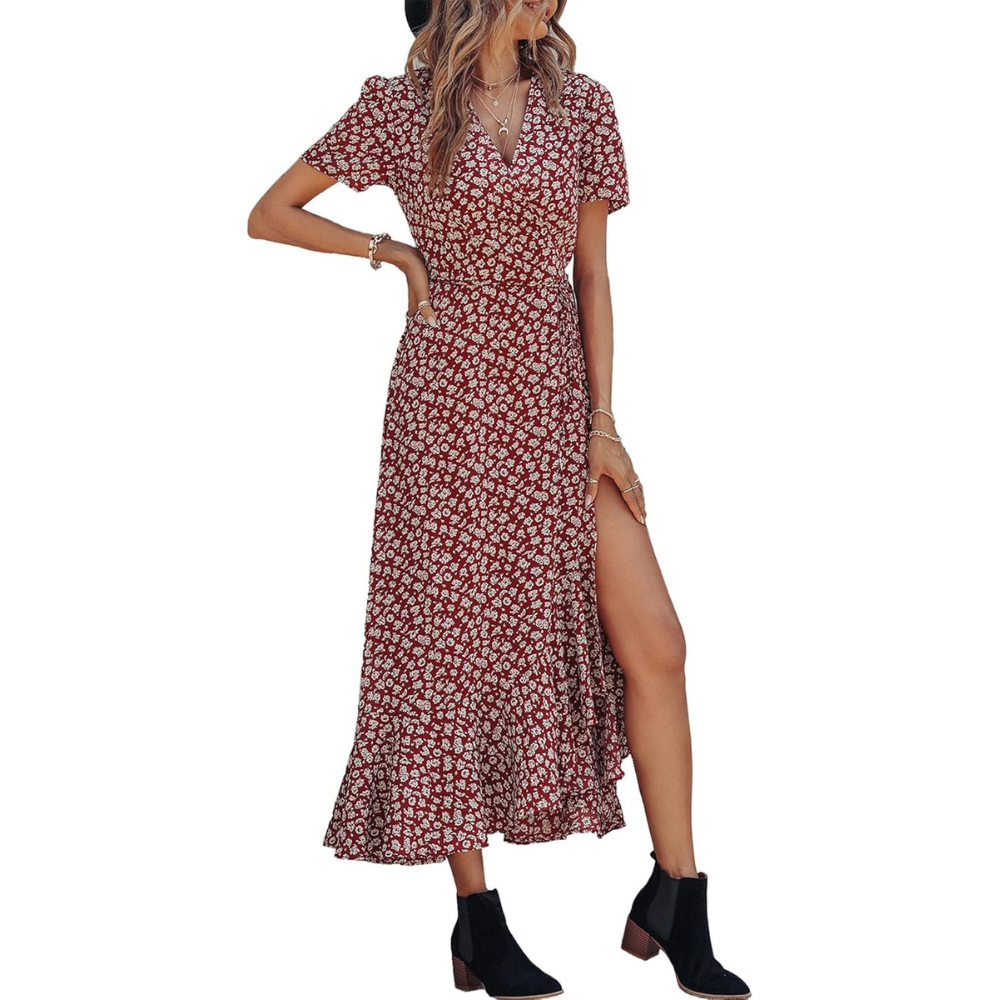 Boho Floral Wrap V Neck Maxi Dress for Women