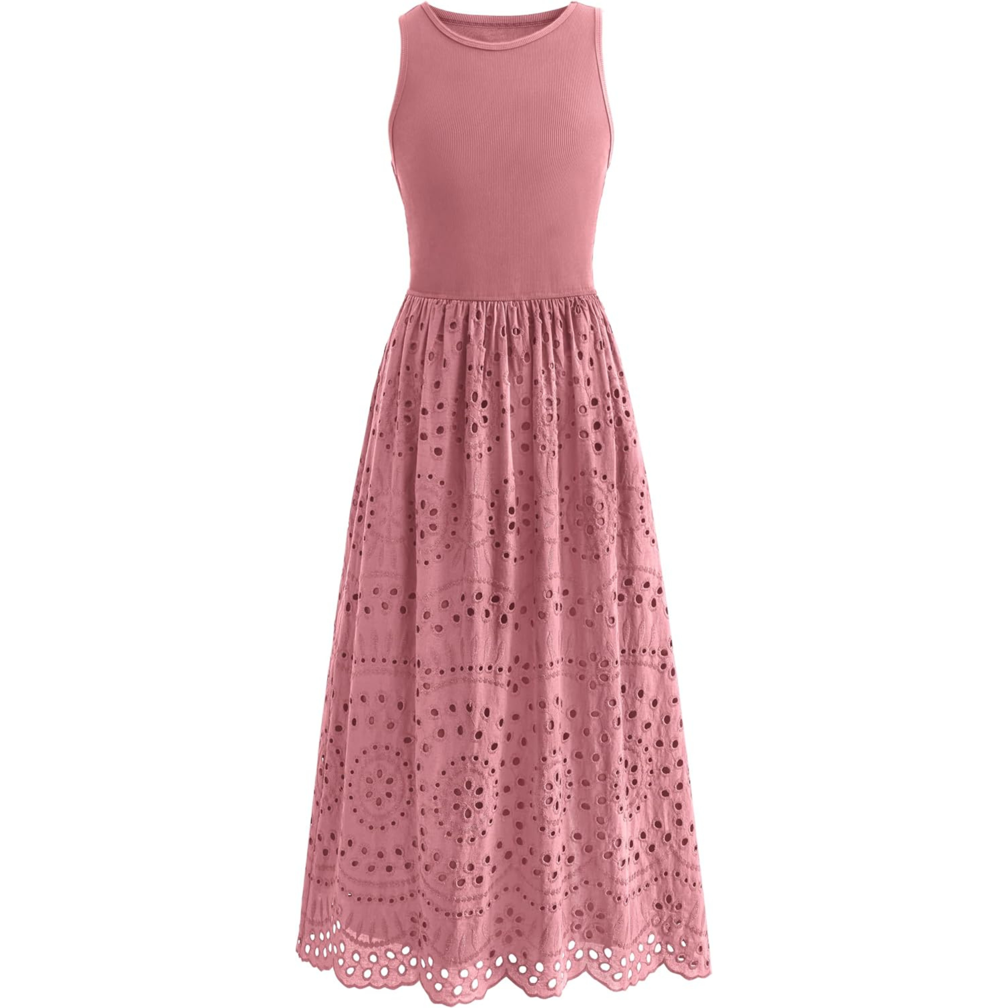 Sleeveless Eyelet Cotton Tank Maxi Dress with Pockets