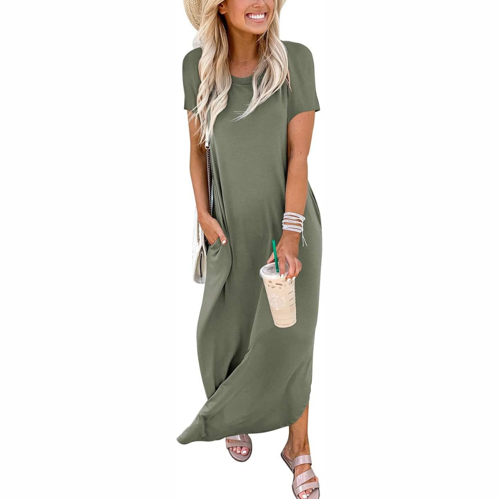 Casual Maxi Sundress With Short Sleeves And Split Hem For Women
