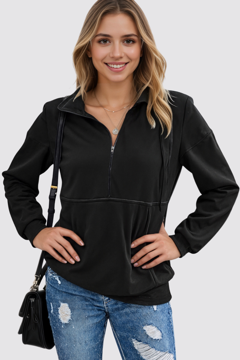 Casual Long Sleeve Lapel Zipper Drawstring Loose Pullover Sweatshirt