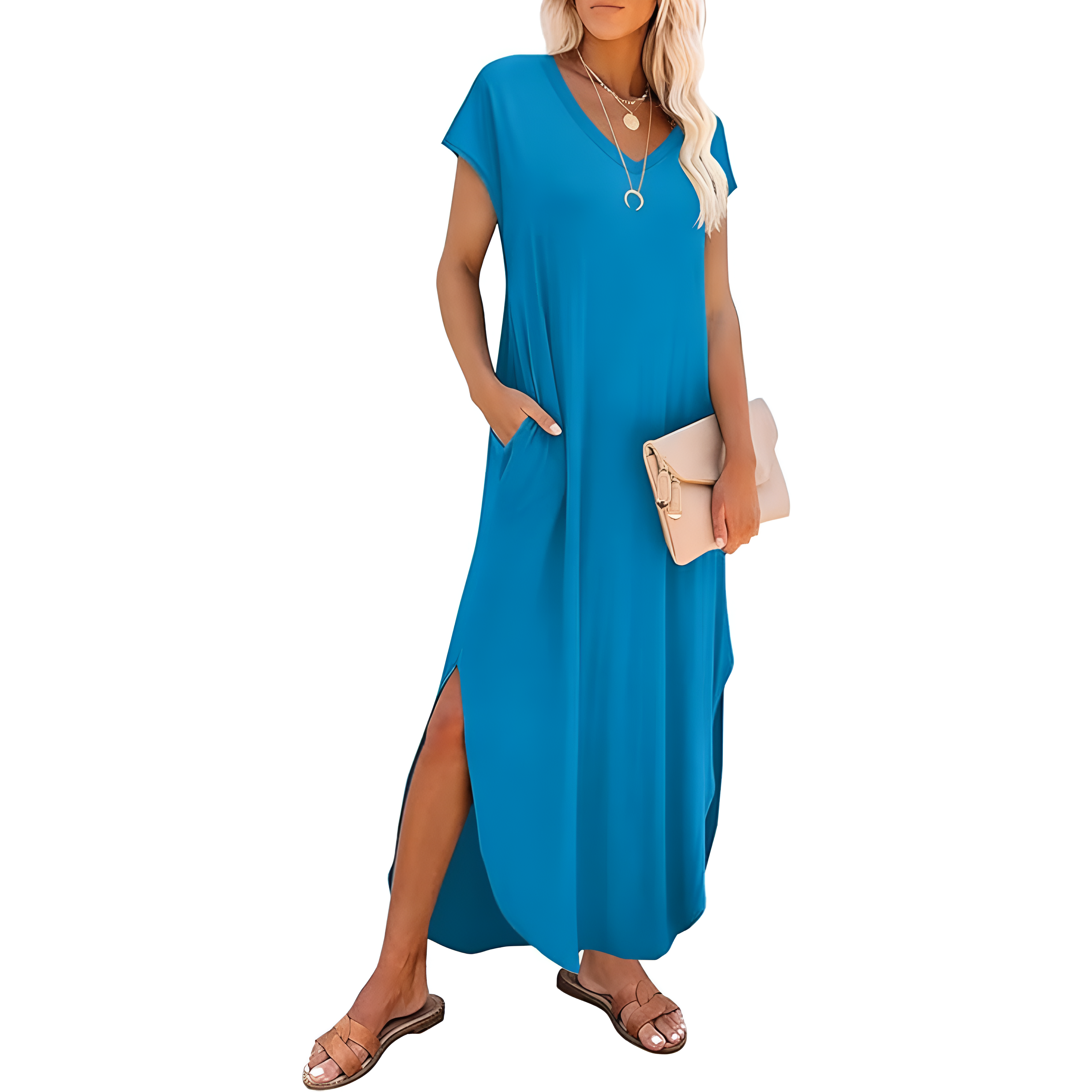 Summer And Casual V Neck Cap Sleeve Maxi For Women