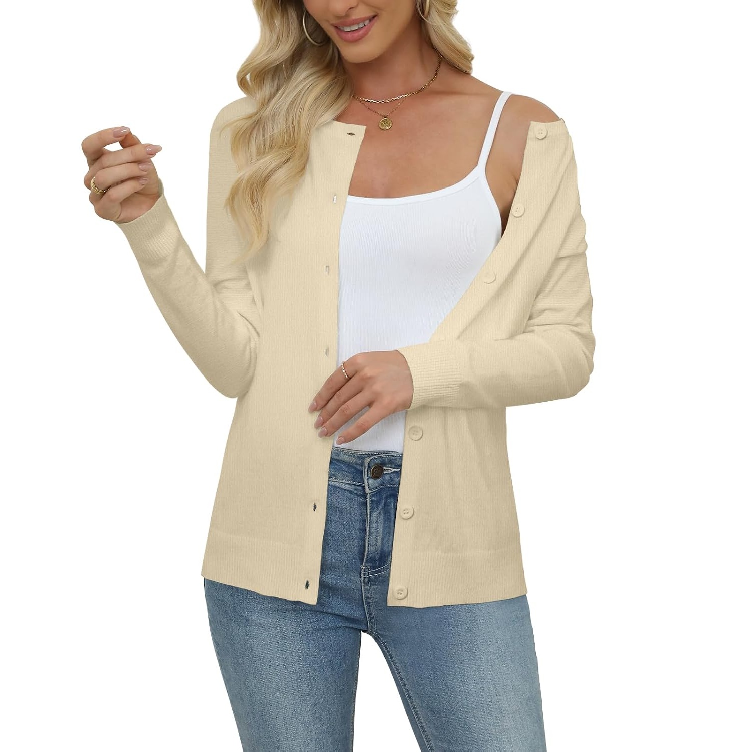 Casual Long Knit Crew Sleeve Front Cardigan With Button For Women