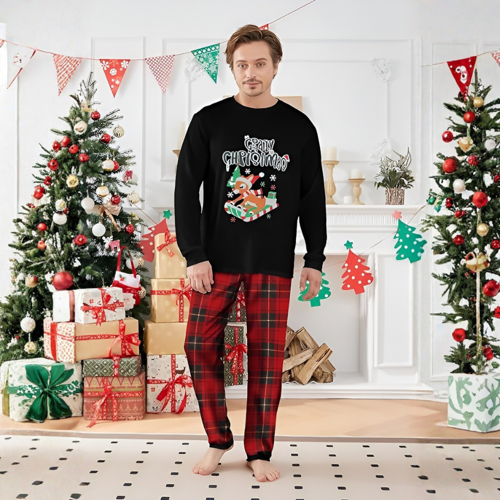Reindeer Sleigh Merry Christmas Printed Family Matching Plaid Pajama Set