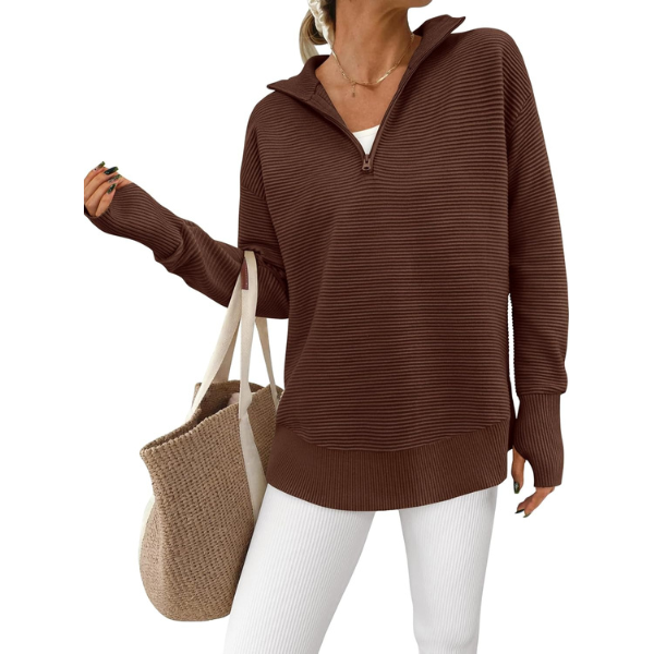Womens Long Sleeve Quarter Zip Pullover Sweater Casual Loose V Neck Collared Ribbed Knit Jumper Tops Thumb Hole