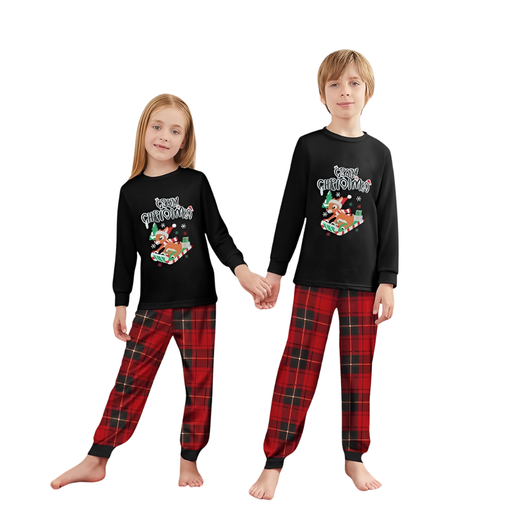 Reindeer Sleigh Merry Christmas Printed Family Matching Plaid Pajama Set
