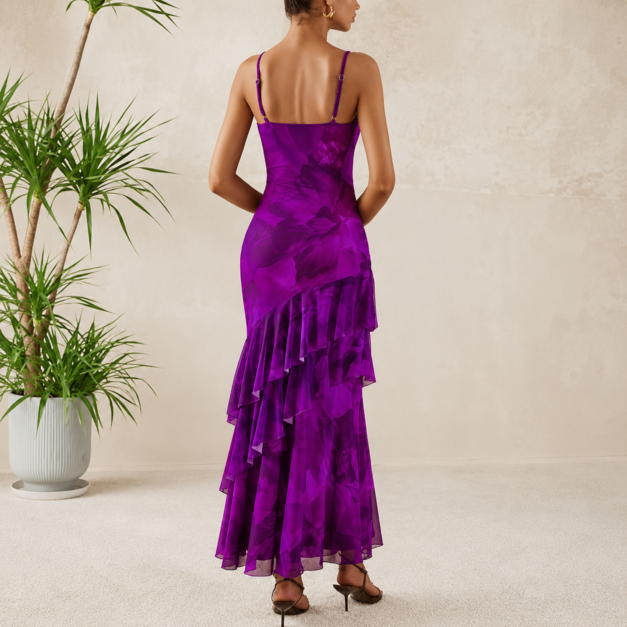 Summer Spring Tiered Floral Beach Maxi Dress Spaghetti For Women