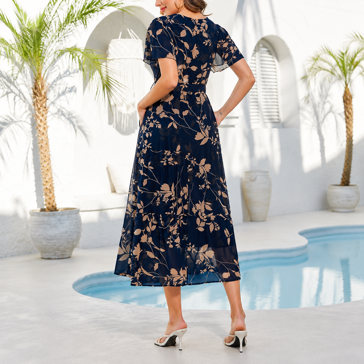 Spring Summer Chiffon Button Front Maxi Dress Pockets For Women