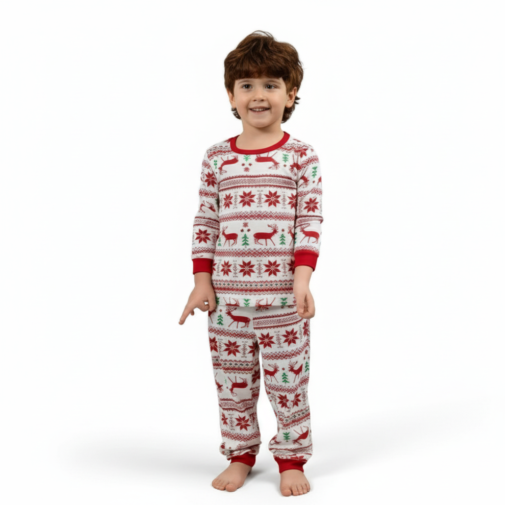 Reindeer And Snow Design Matching Family Christmas Pajamas With Long Sleeve Tops And Loungewear