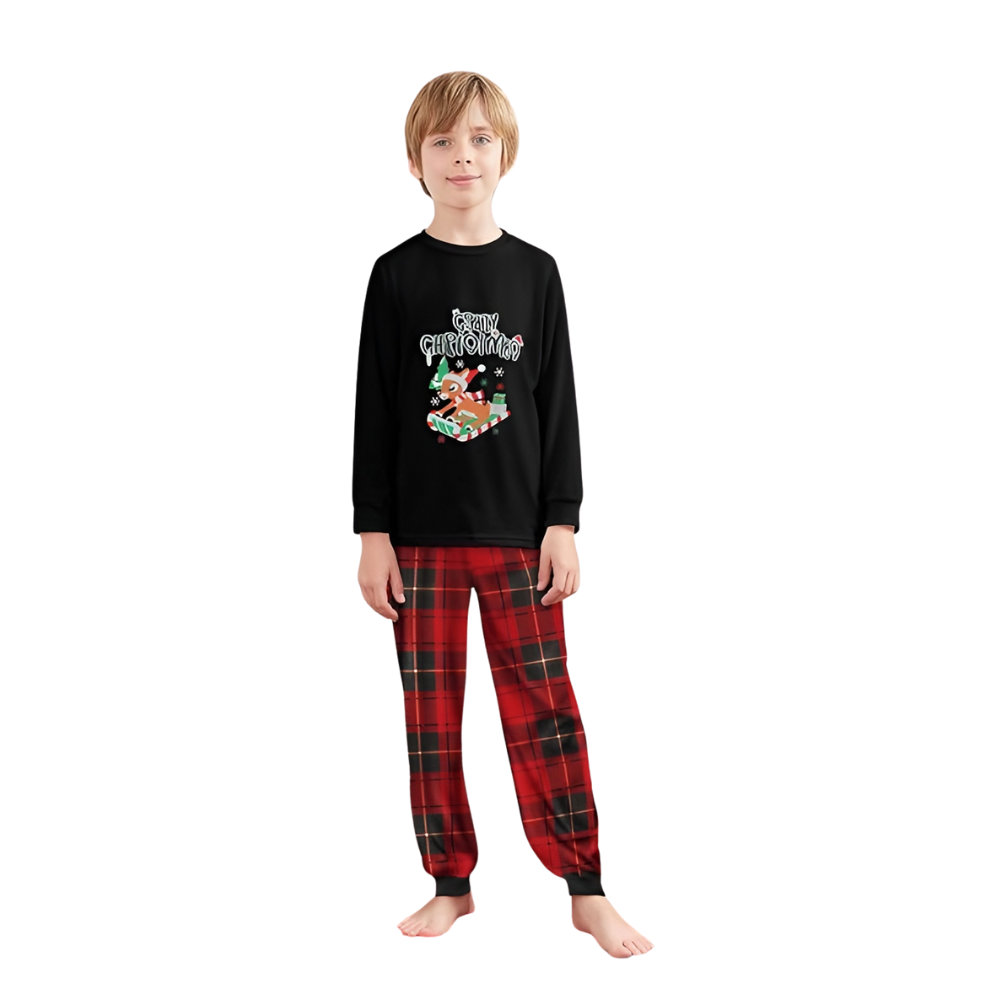 Reindeer Sleigh Merry Christmas Printed Family Matching Plaid Pajama Set