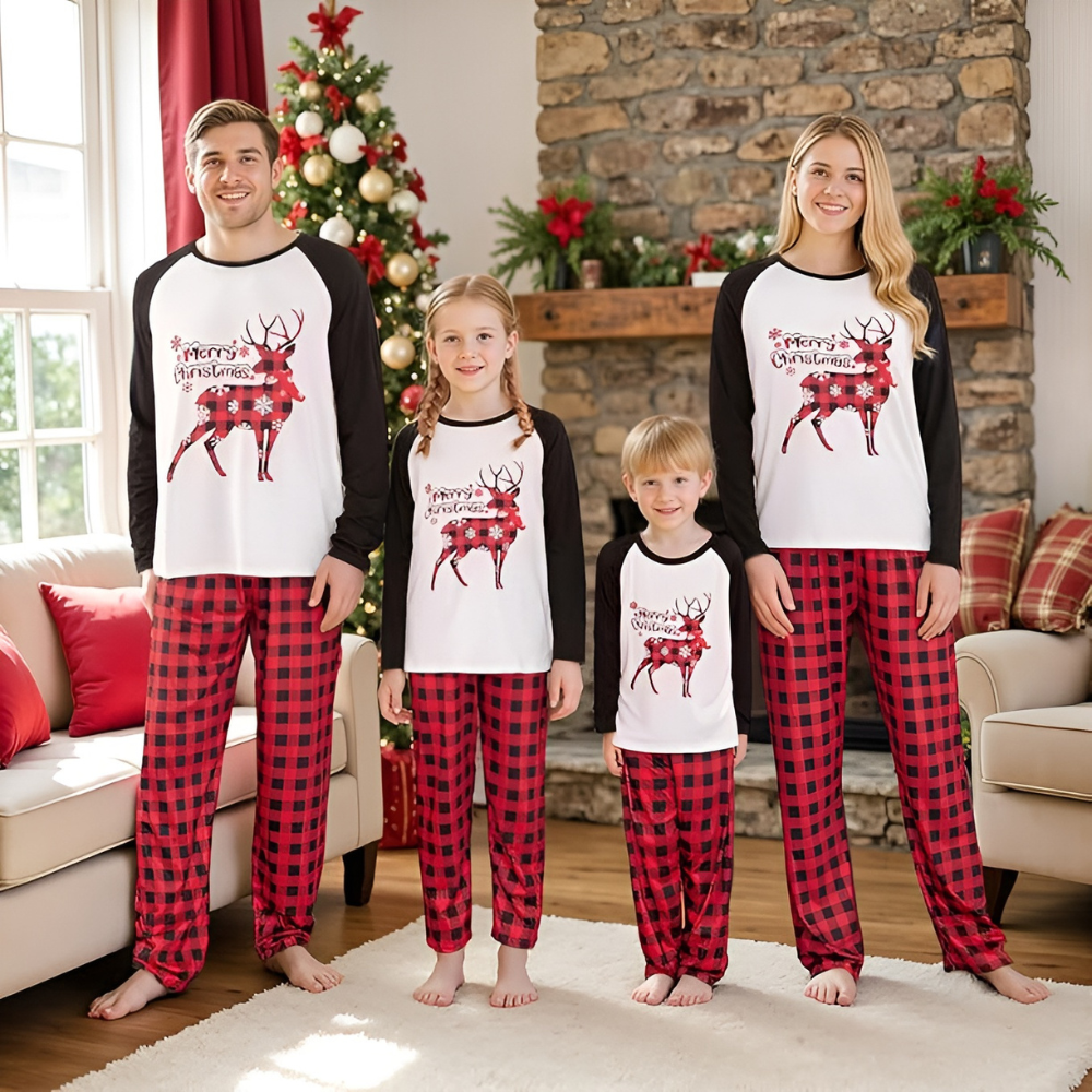 Plaid Reindeer Merry Christmas Printed Family Matching Pajama Set