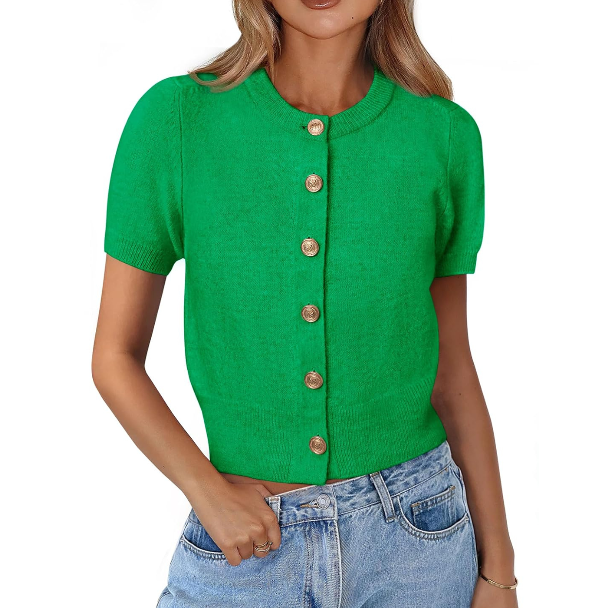 Casual Stretchy Short Sleeve Knit Crop Cardigan For Women