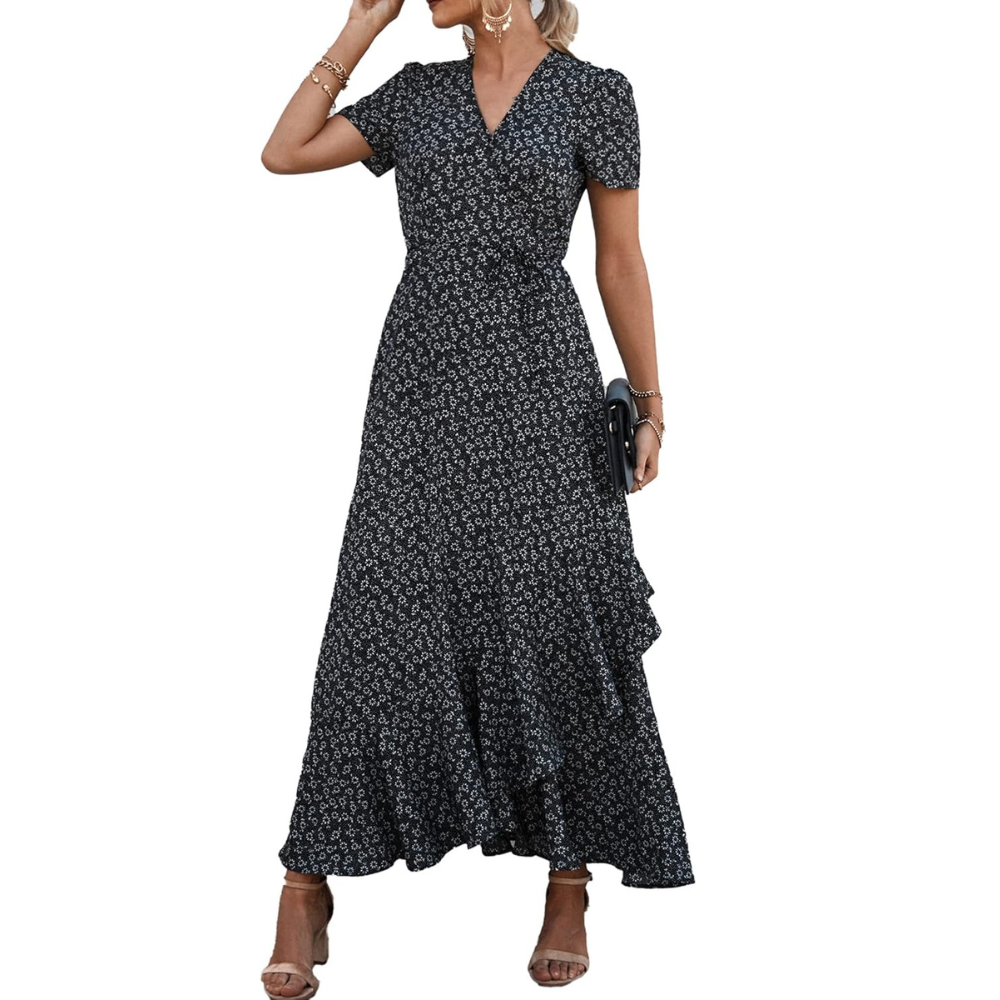 Boho Floral Wrap V Neck Maxi Dress for Women
