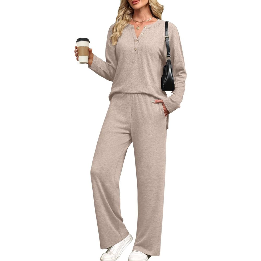 Lounge Sets for Women 2 Piece V Neck Button Matching Sweatsuit Loungewear