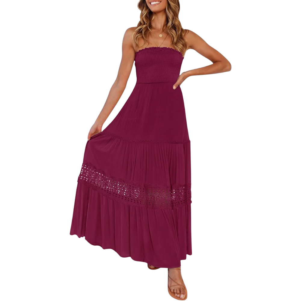 Summer Boho Off Strapless Flowy Lace Line Maxi Dresses For Women