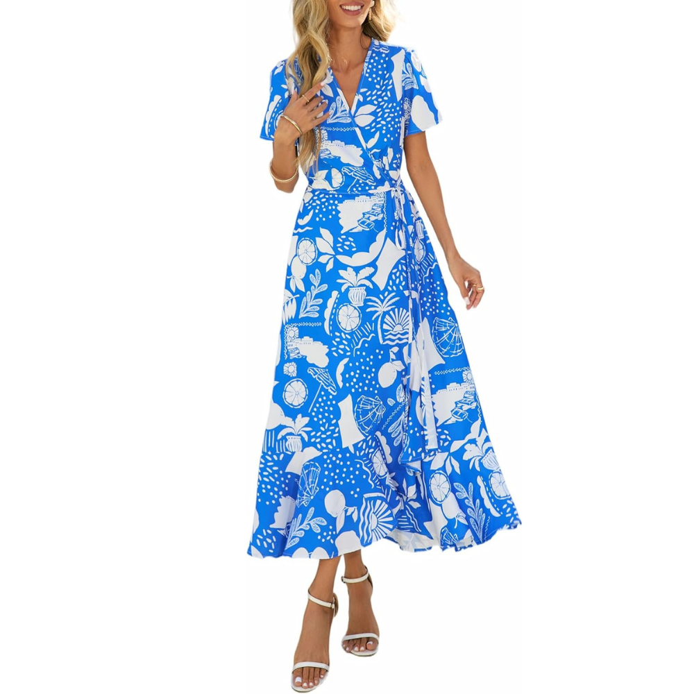 Boho Floral Wrap V Neck Maxi Dress for Women