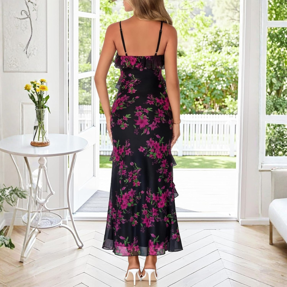 Floral Ruffle Spaghetti Strap Bodycon Maxi Dress Women
