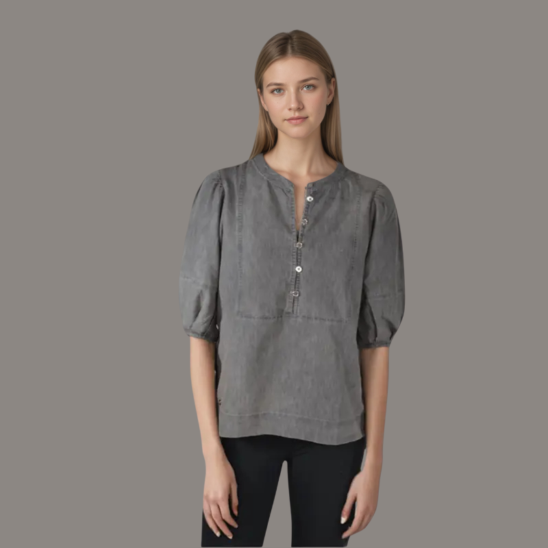 Pleated Yoke Casual Denim Shirt With Half Sleeves For Women