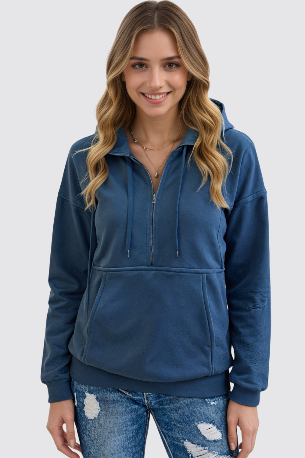 Casual Long Sleeve Lapel Zipper Drawstring Loose Pullover Sweatshirt