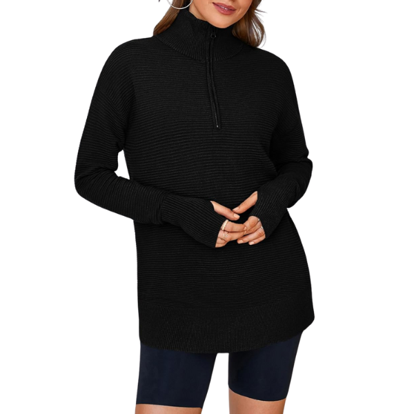 Womens Long Sleeve Quarter Zip Pullover Sweater Casual Loose V Neck Collared Ribbed Knit Jumper Tops Thumb Hole
