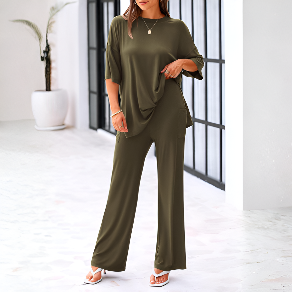 2 Piece Summer Lounge Set With Short Sleeve Top And Pants For Women