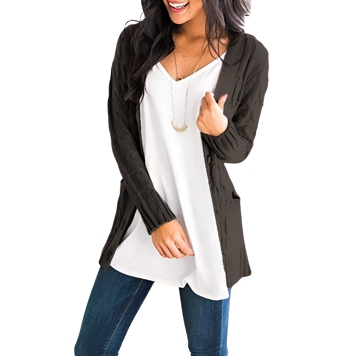 Cable Knit Button Front Open Cardigan