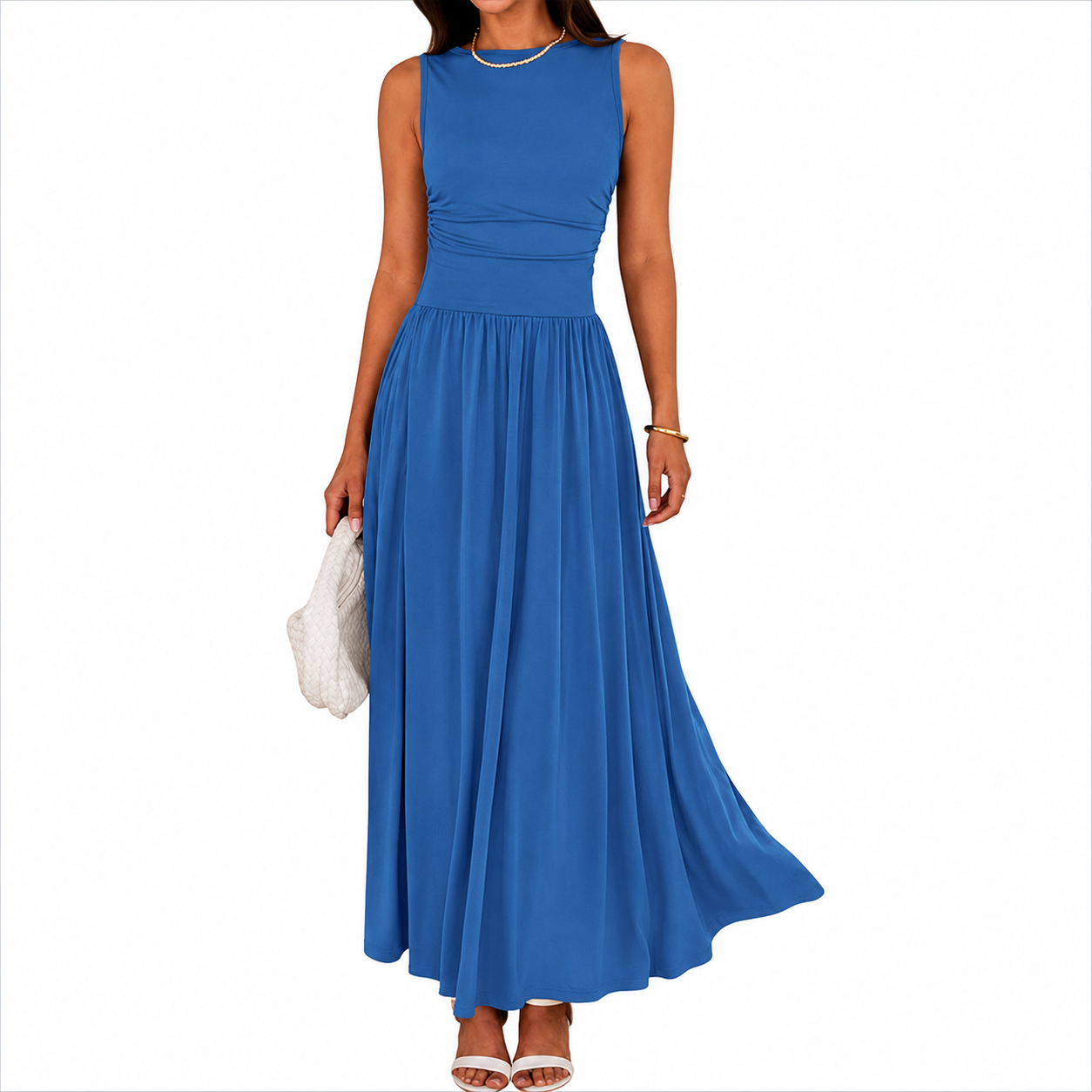 Flowy Sleeveless Maxi Sundress With Ruched Detail For Women
