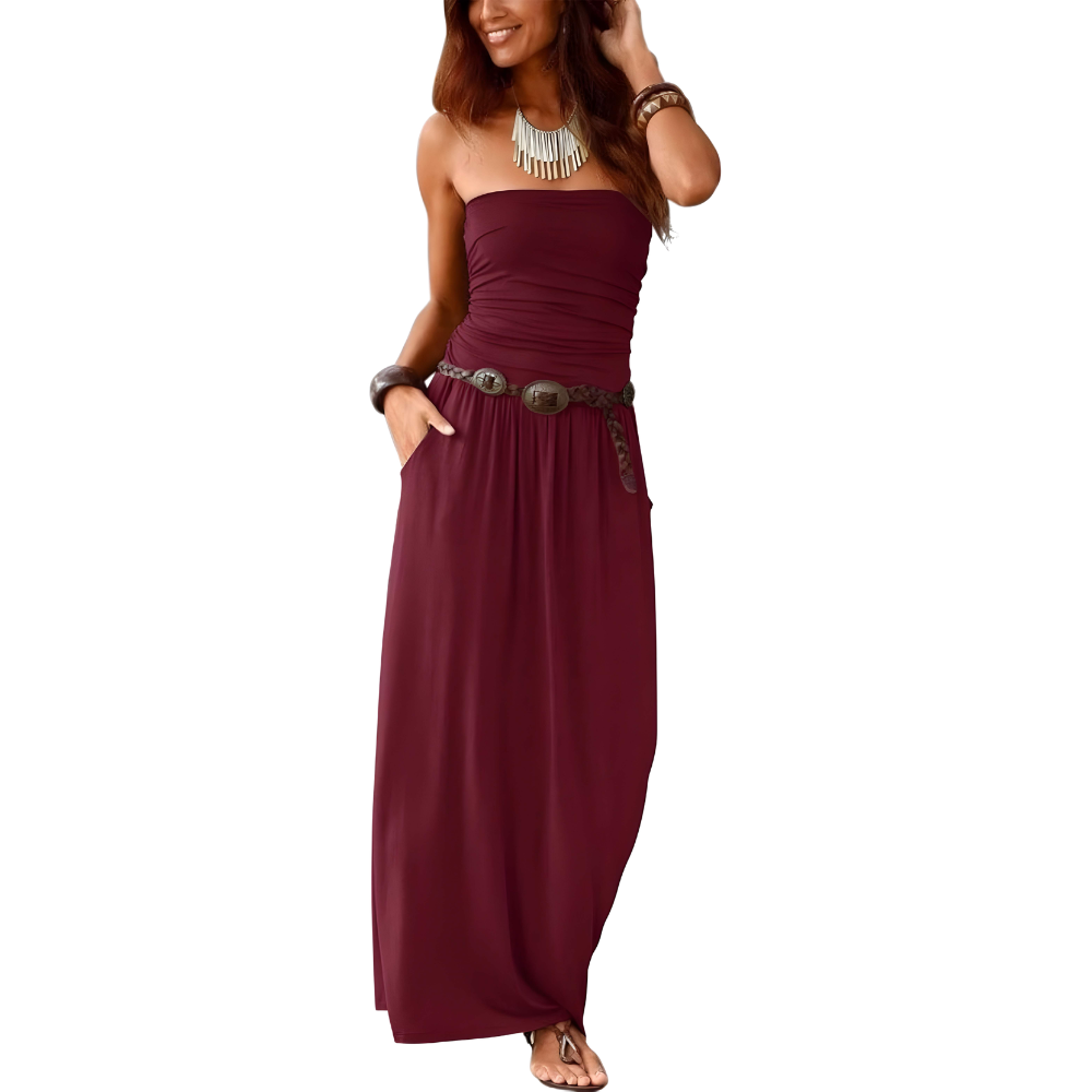 Summer Off Strapless Floral Maxi Dress With Pockets For Women