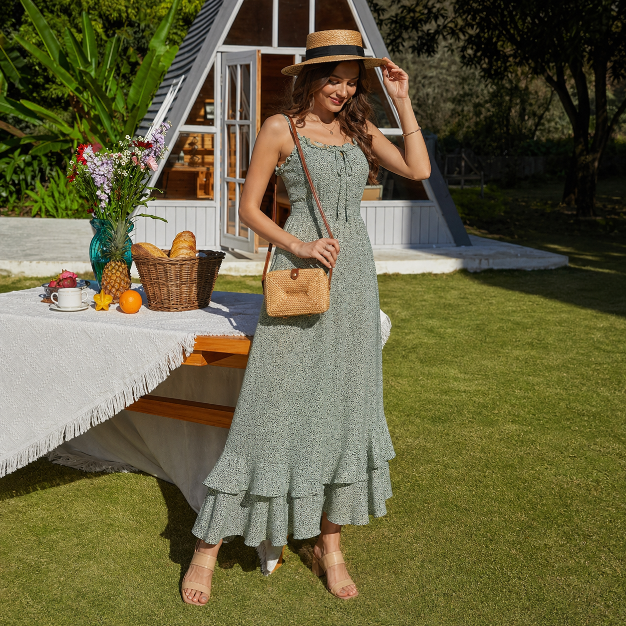 Floral Boho Maxi Dress With Strappy Design And Swing Style For Women