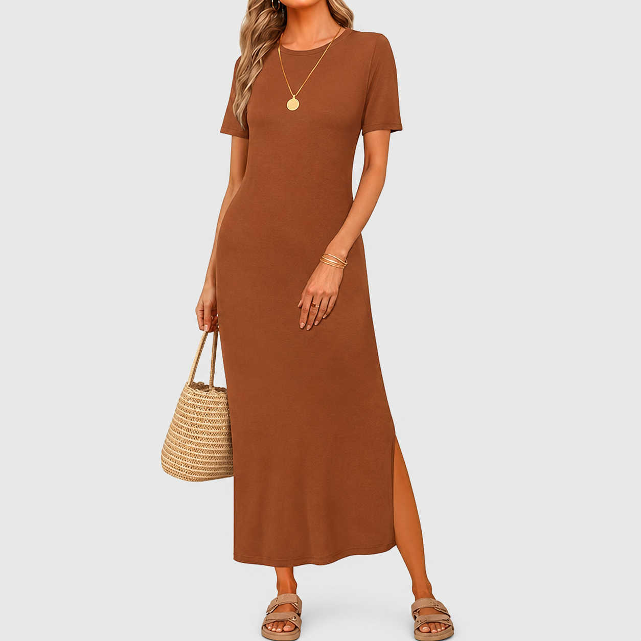 Soft Knit Lightweight Short Sleeve Casual Maxi Dress For Women 