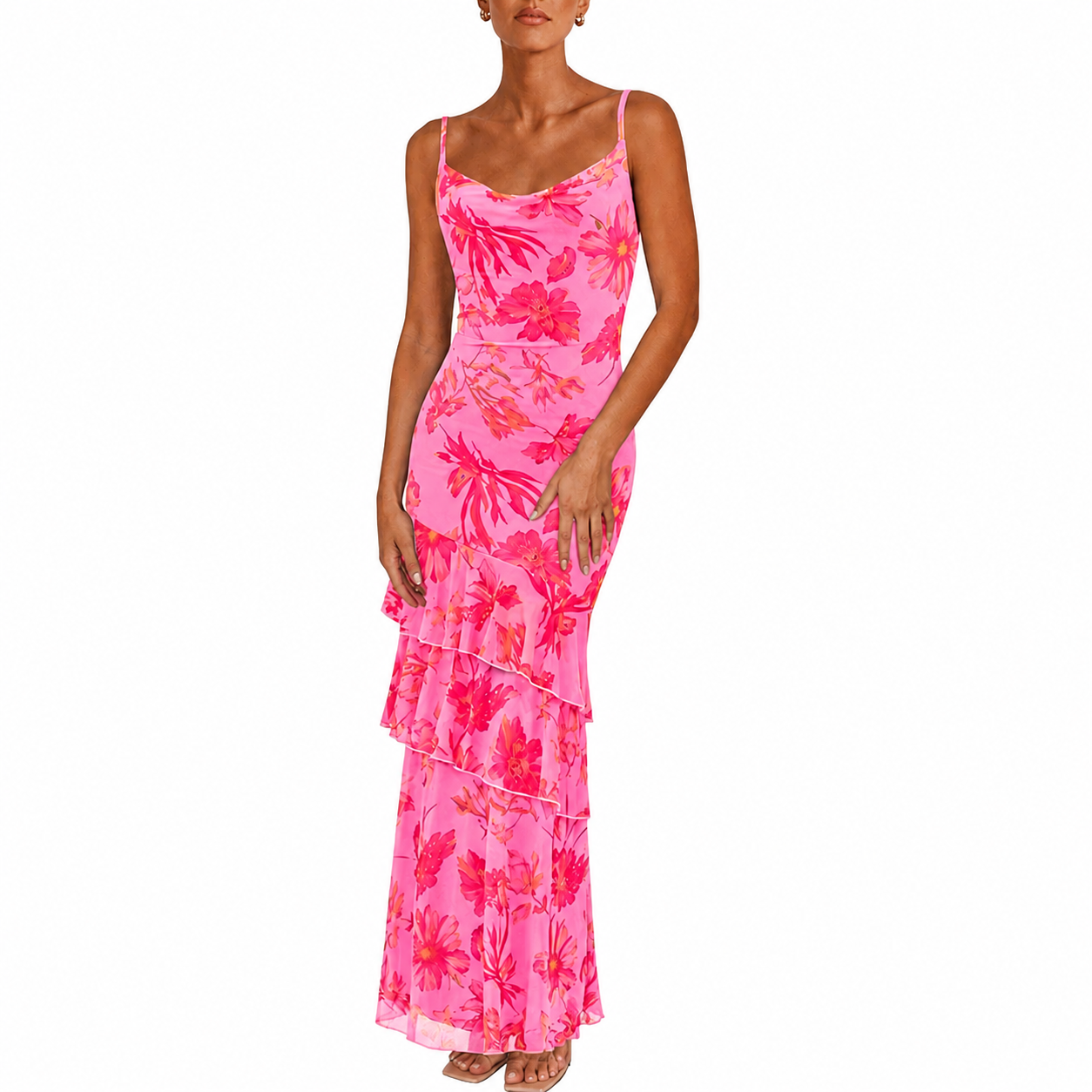 Summer Spring Tiered Floral Beach Maxi Dress Spaghetti For Women