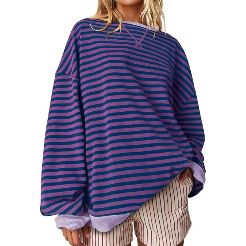 Women Oversized Striped Crewneck Sweatshirt Long Sleeve