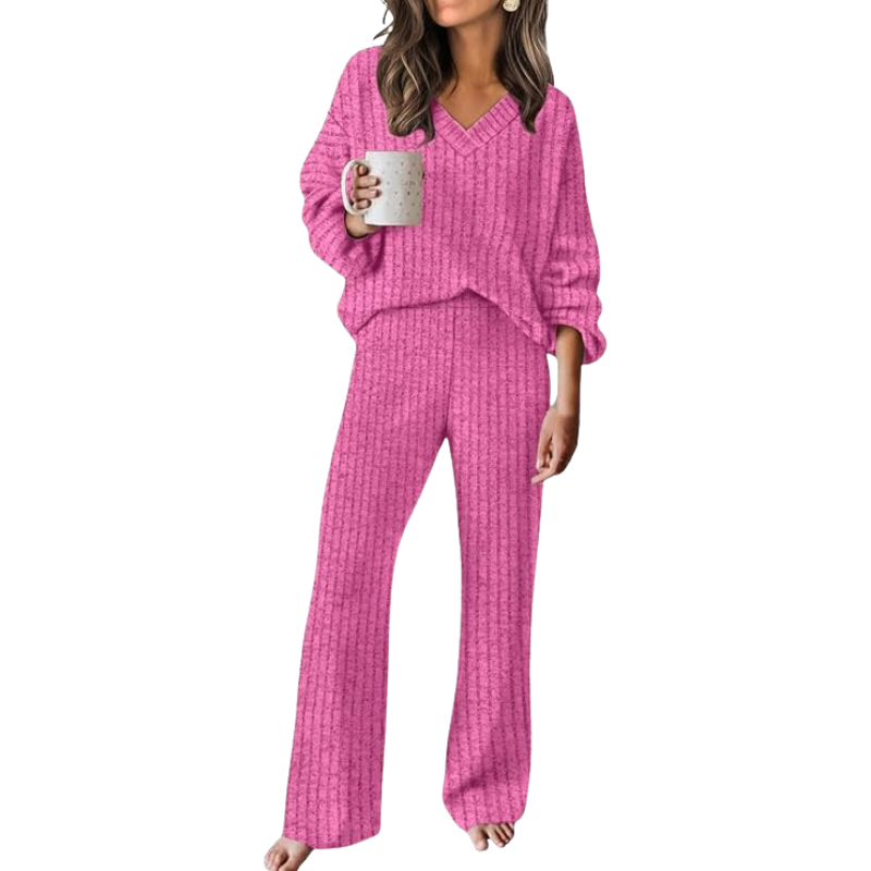 Ribbed Knit Lounge Set With Sweater Top And Loose Fit Pants For Women