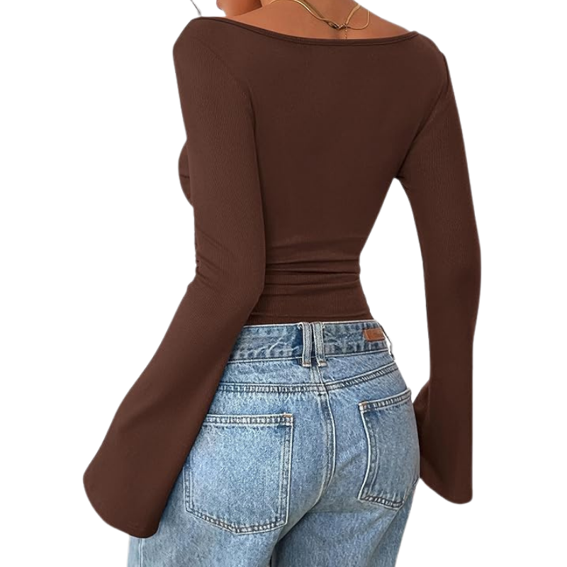 Ribbed Crop Top With Long Bell Sleeve For Women