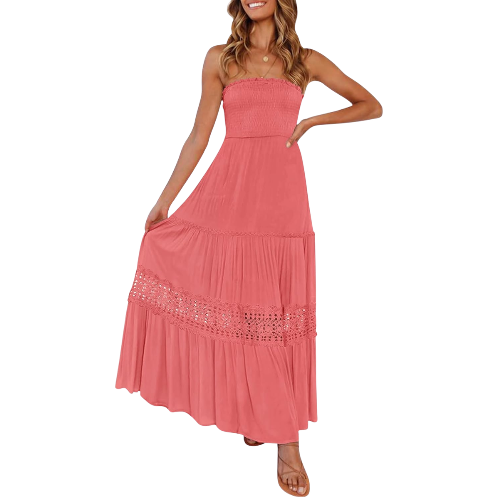 Summer Boho Off Strapless Flowy Lace Line Maxi Dresses For Women
