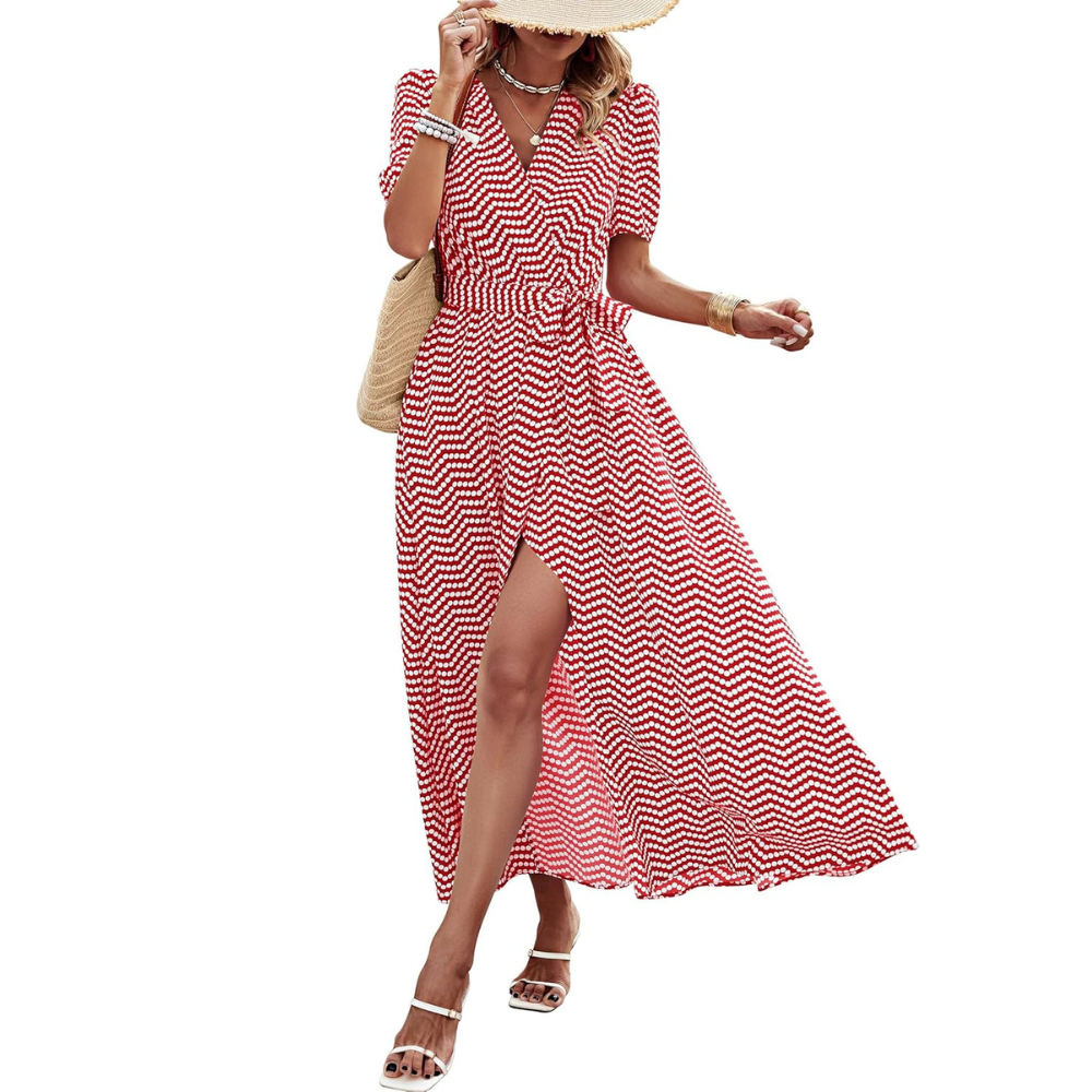 Boho Floral Wrap V Neck Maxi Dress for Women
