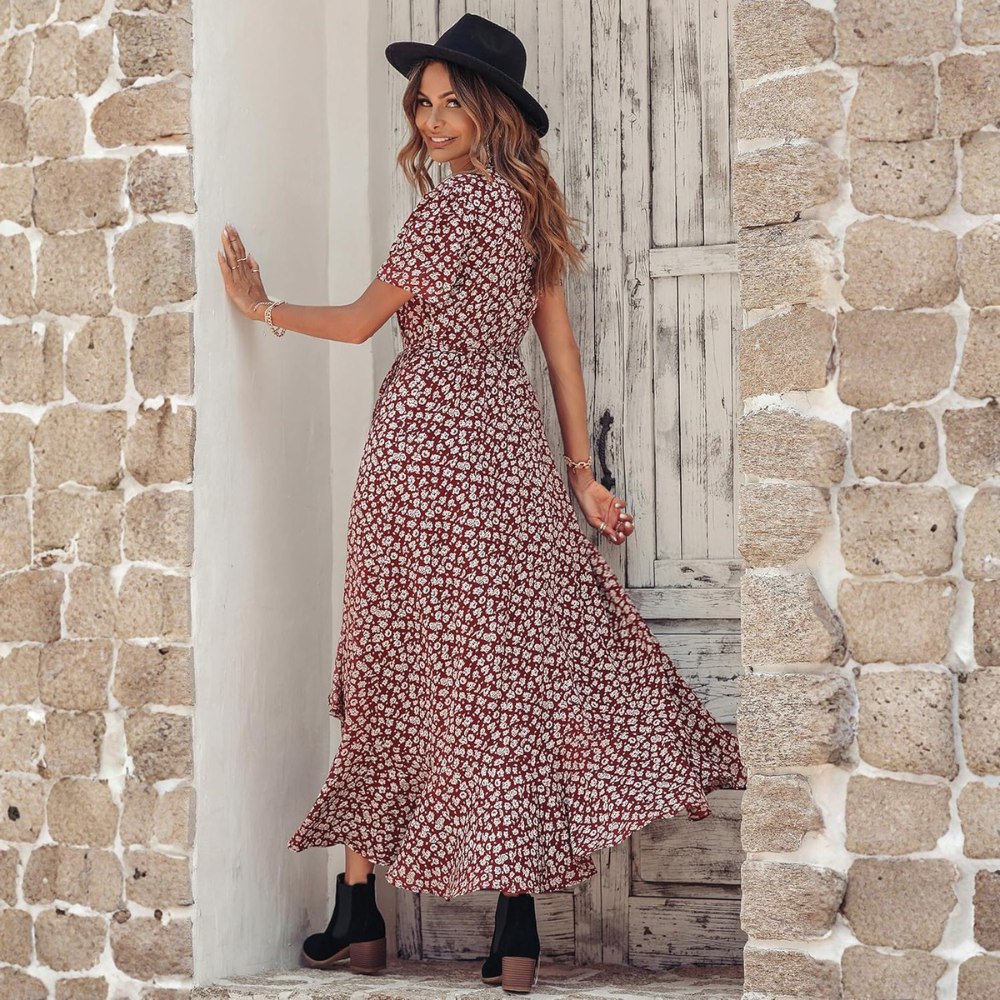 Boho Floral Wrap V Neck Maxi Dress for Women