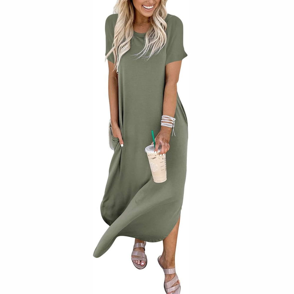 Casual Maxi Sundress With Short Sleeves And Split Hem For Women