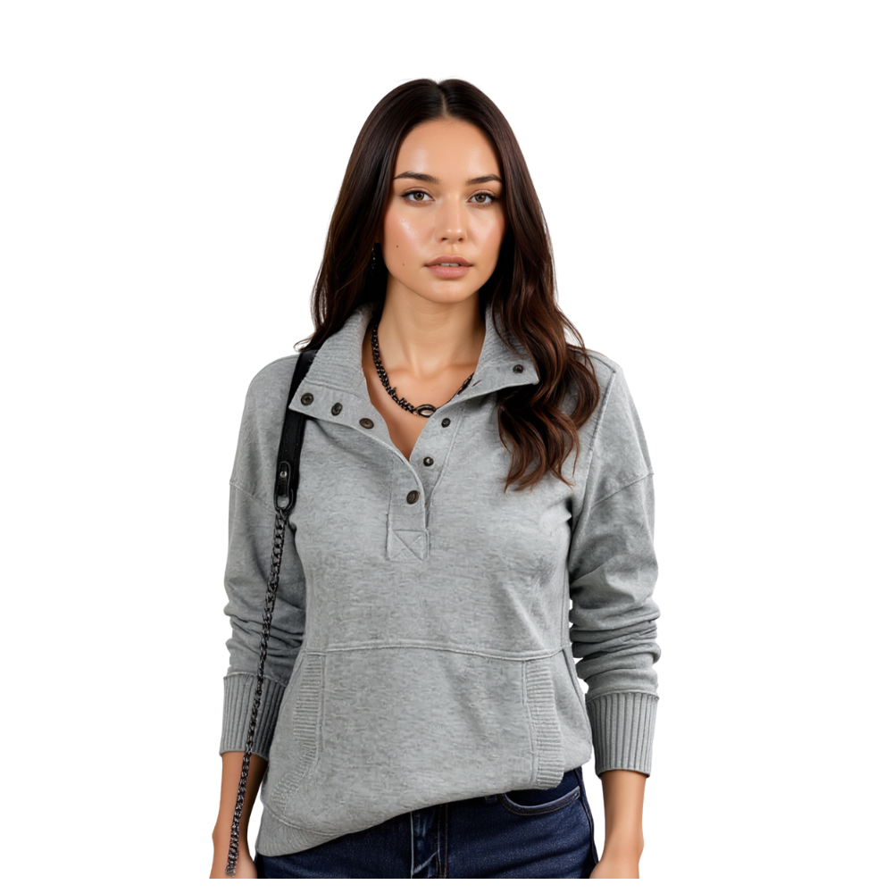 Women Lightweight Long Sleeve Button Loose Pullover Sweatshirt
