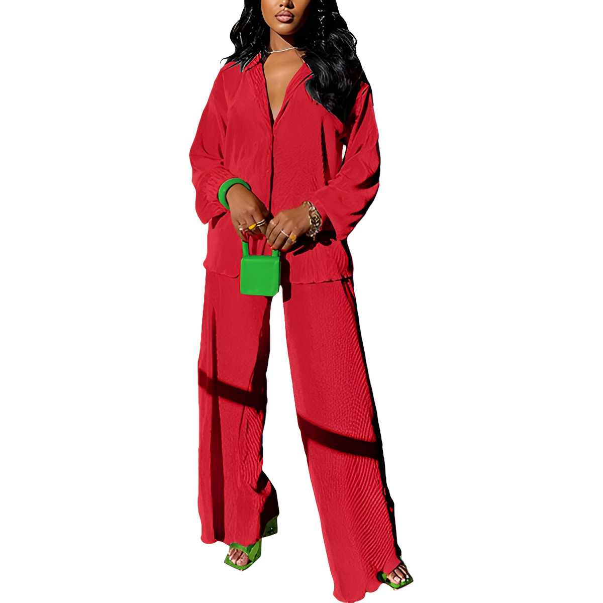 2 Piece Button Down Shirt And Pleated Pants Set For Women