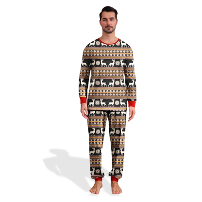 Reindeer Snowflake Knit Pattern Pajama Set with Long Sleeve Tops and Loungewear
