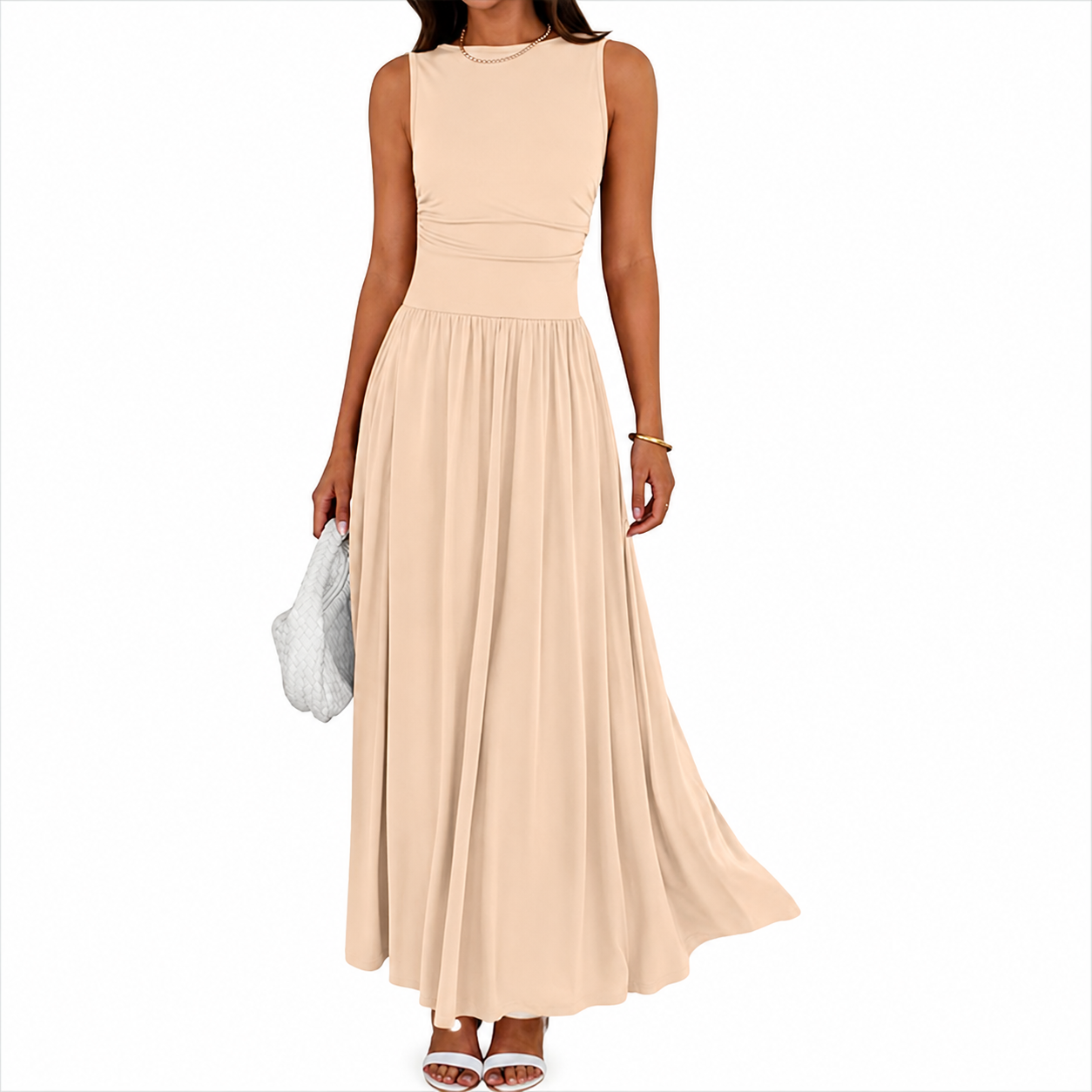Flowy Sleeveless Maxi Sundress With Ruched Detail For Women