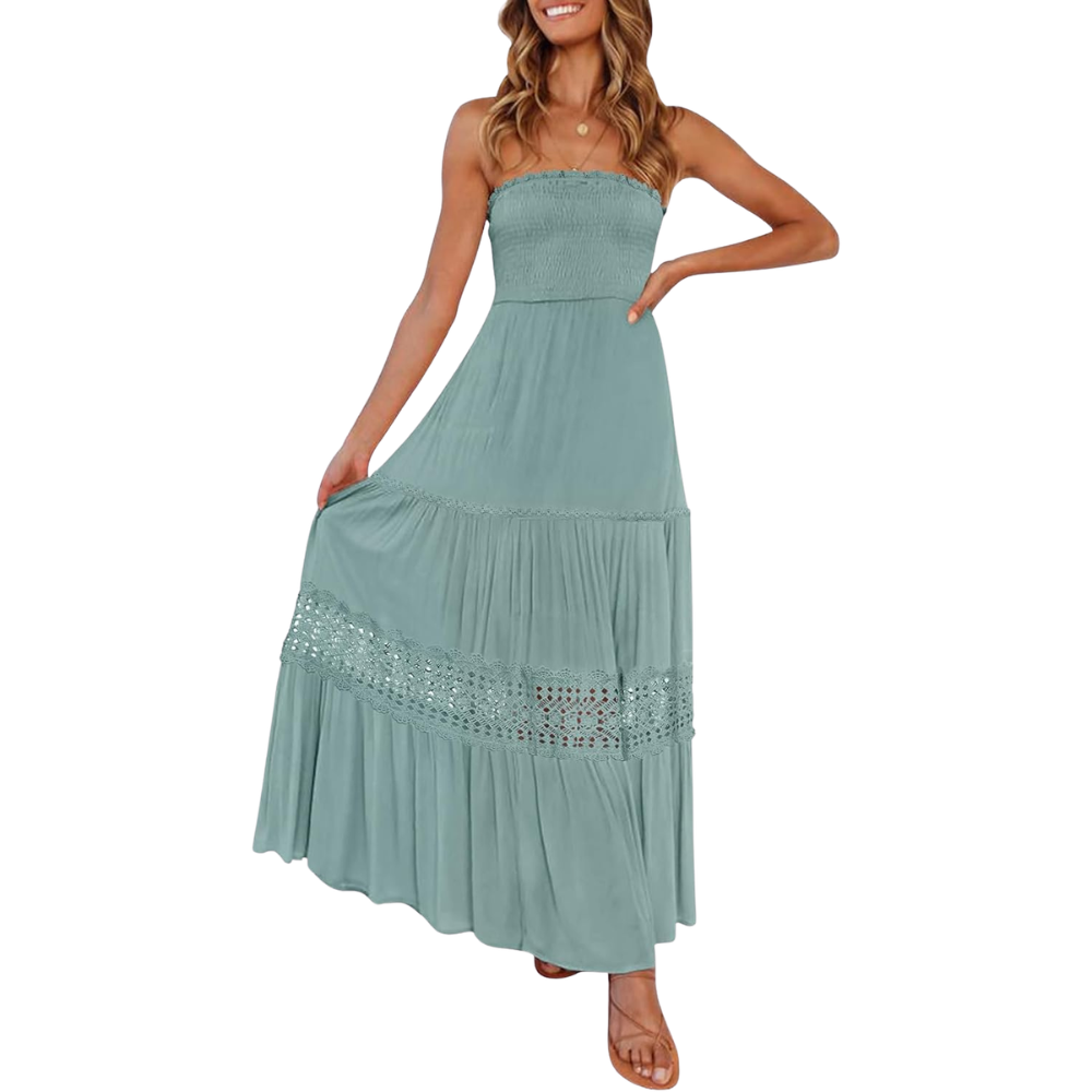 Summer Boho Off Strapless Flowy Lace Line Maxi Dresses For Women