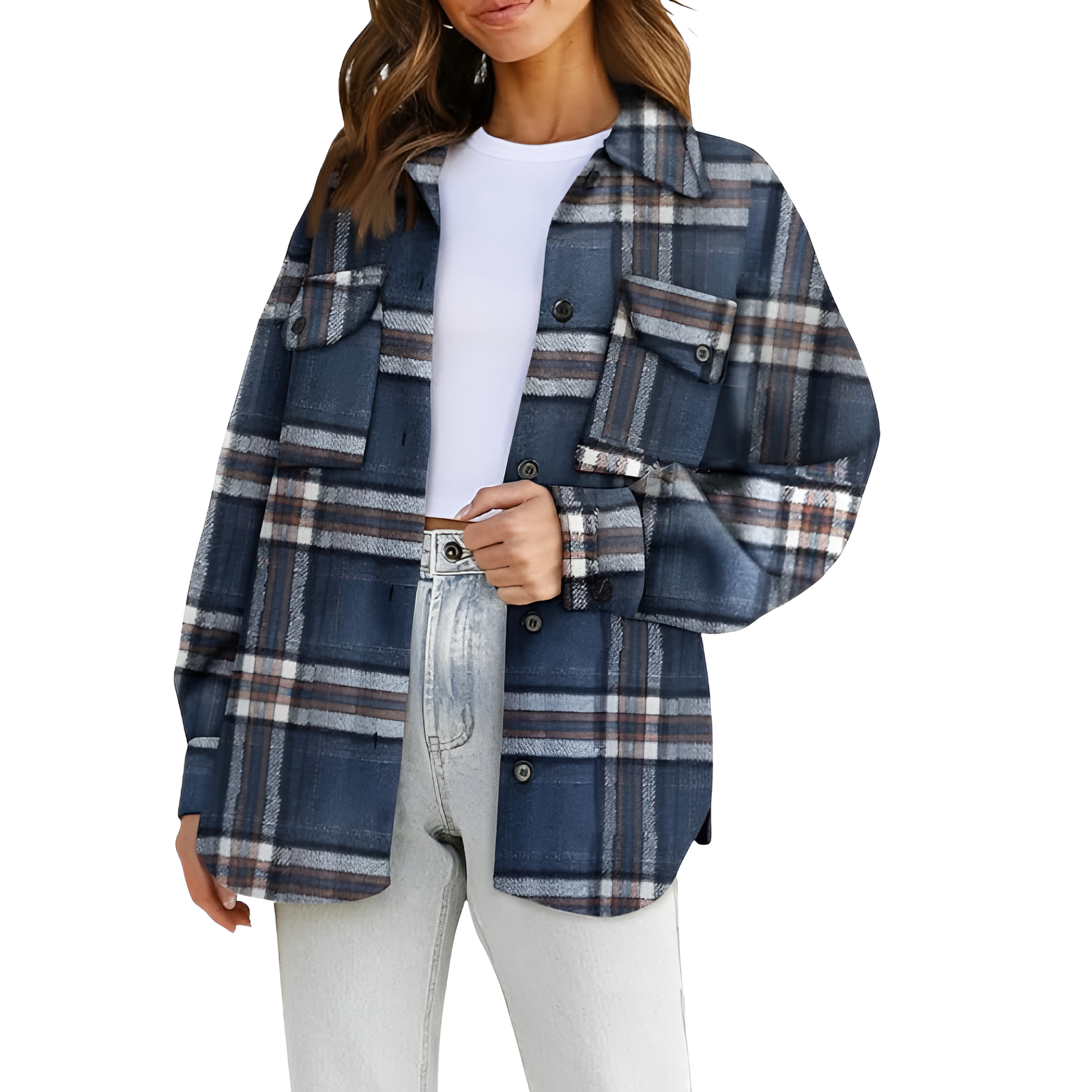 Plaid Flannel Shacket With Long Sleeve Button Down Style For Women