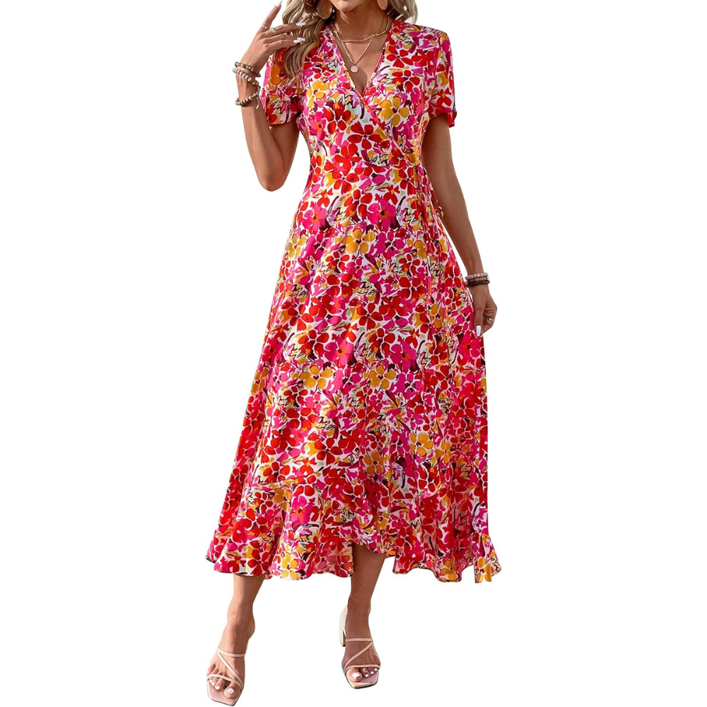 Boho Floral Wrap V Neck Maxi Dress for Women