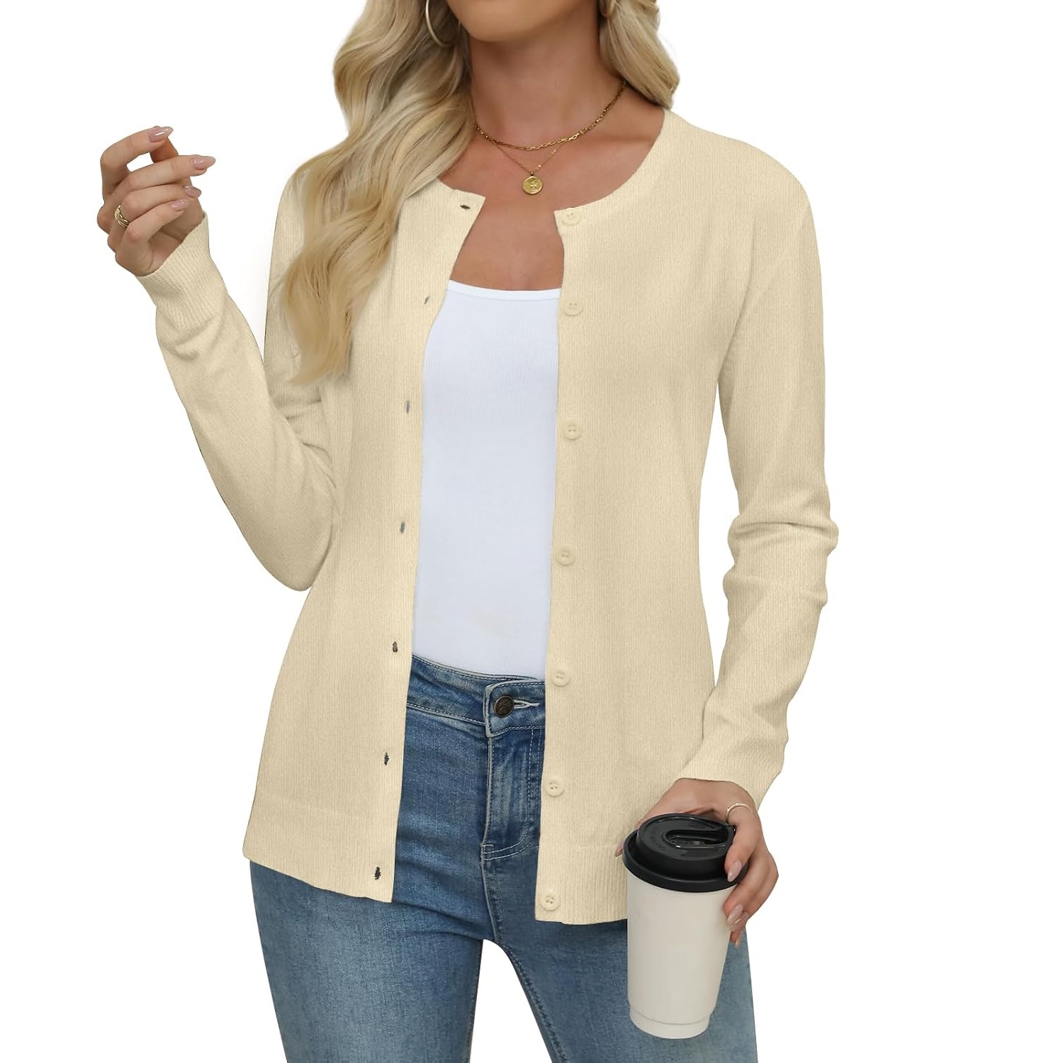 Casual Long Knit Crew Sleeve Front Cardigan With Button For Women