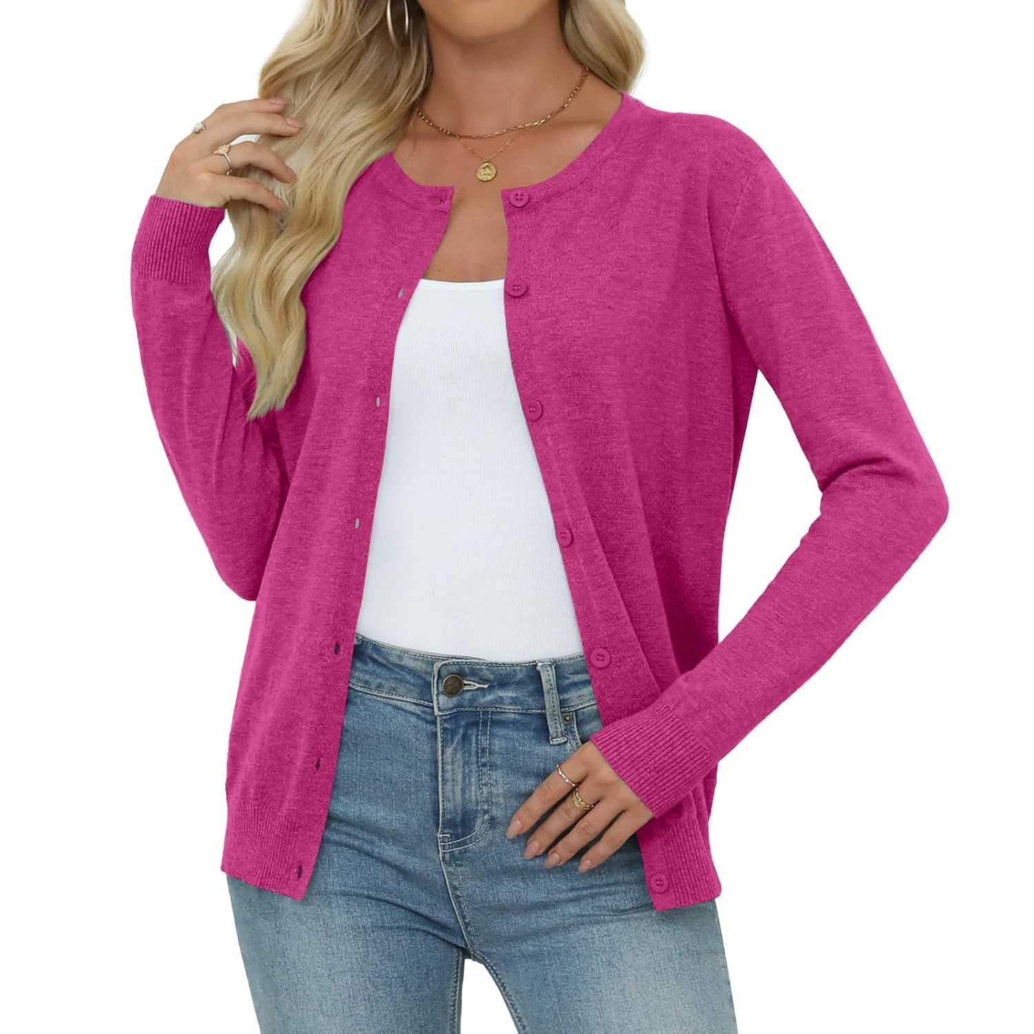 Casual Long Knit Crew Sleeve Front Cardigan With Button For Women