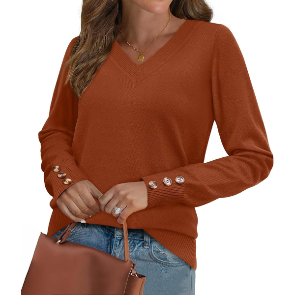 ightweight Sweaters for Women Long Sleeve V Neck Knit Outfits with Decorative Buttons 