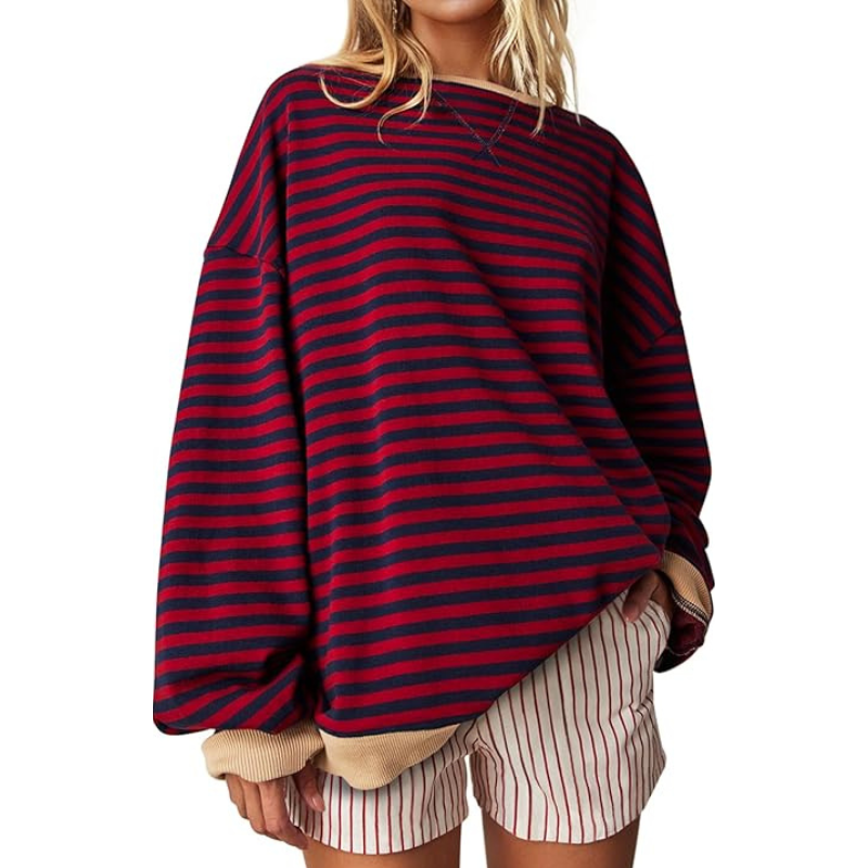 Women Oversized Striped Crewneck Sweatshirt Long Sleeve