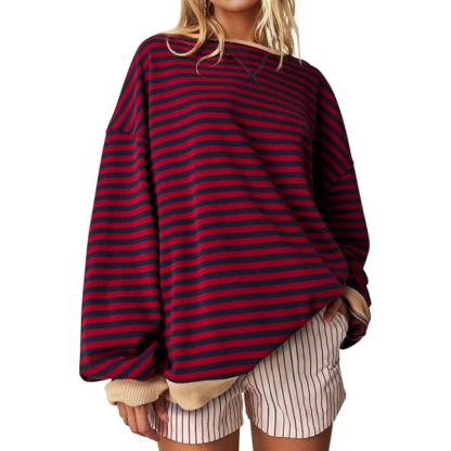 Women Oversized Striped Crewneck Sweatshirt Long Sleeve